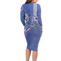 Hawaii Aloha Turtle Hibiscus and Leaves Family Matching Long Sleeve Bodycon Dress and Hawaiian Shirt with Polynesian and Kakau Tattoos Denim Color - Polynesian Pride