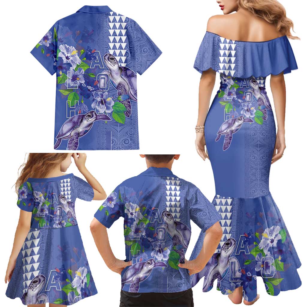 Hawaii Aloha Turtle Hibiscus and Leaves Family Matching Mermaid Dress and Hawaiian Shirt with Polynesian and Kakau Tattoos Denim Color - Polynesian Pride
