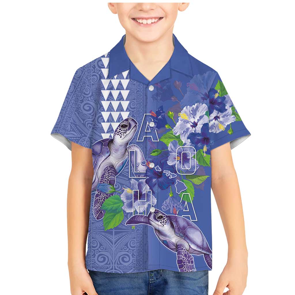 Hawaii Aloha Turtle Hibiscus and Leaves Family Matching Mermaid Dress and Hawaiian Shirt with Polynesian and Kakau Tattoos Denim Color - Polynesian Pride