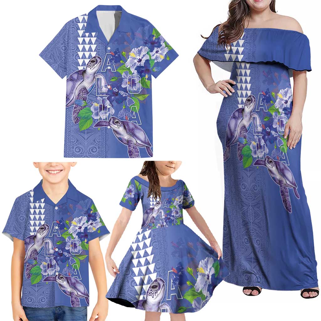 Hawaii Aloha Turtle Hibiscus and Leaves Family Matching Off Shoulder Maxi Dress and Hawaiian Shirt with Polynesian and Kakau Tattoos Denim Color - Polynesian Pride