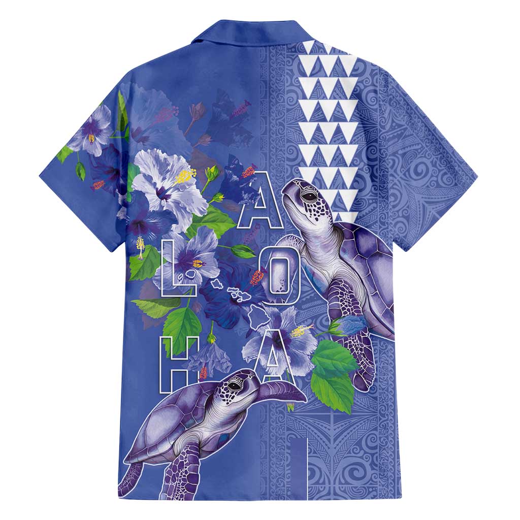 Hawaii Aloha Turtle Hibiscus and Leaves Family Matching Off Shoulder Short Dress and Hawaiian Shirt with Polynesian and Kakau Tattoos Denim Color - Polynesian Pride