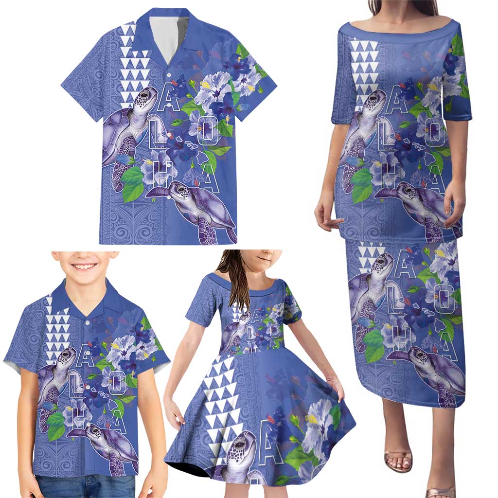 Hawaii Aloha Turtle Hibiscus and Leaves Family Matching Puletasi and Hawaiian Shirt with Polynesian and Kakau Tattoos Denim Color - Polynesian Pride