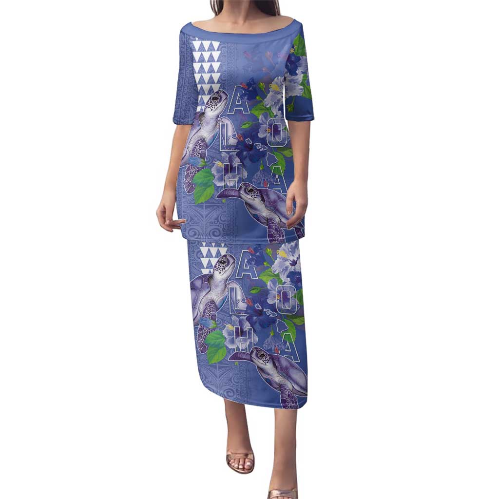 Hawaii Aloha Turtle Hibiscus and Leaves Family Matching Puletasi and Hawaiian Shirt with Polynesian and Kakau Tattoos Denim Color - Polynesian Pride