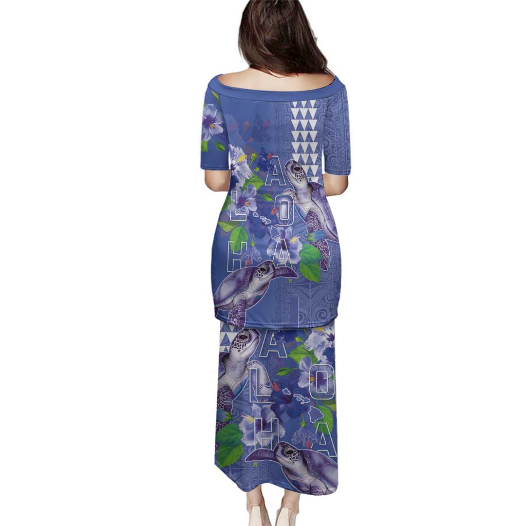 Hawaii Aloha Turtle Hibiscus and Leaves Family Matching Puletasi and Hawaiian Shirt with Polynesian and Kakau Tattoos Denim Color - Polynesian Pride