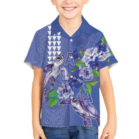 Hawaii Aloha Turtle Hibiscus and Leaves Family Matching Puletasi and Hawaiian Shirt with Polynesian and Kakau Tattoos Denim Color - Polynesian Pride
