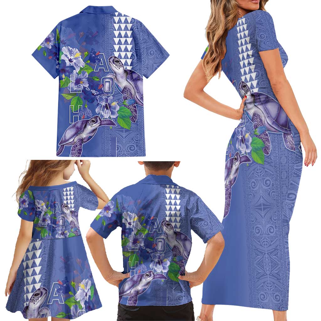 Hawaii Aloha Turtle Hibiscus and Leaves Family Matching Short Sleeve Bodycon Dress and Hawaiian Shirt with Polynesian and Kakau Tattoos Denim Color - Polynesian Pride