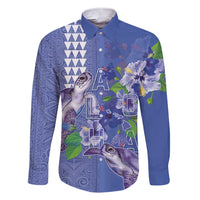 Hawaii Aloha Turtle Hibiscus and Leaves Family Matching Short Sleeve Bodycon Dress and Hawaiian Shirt with Polynesian and Kakau Tattoos Denim Color - Polynesian Pride