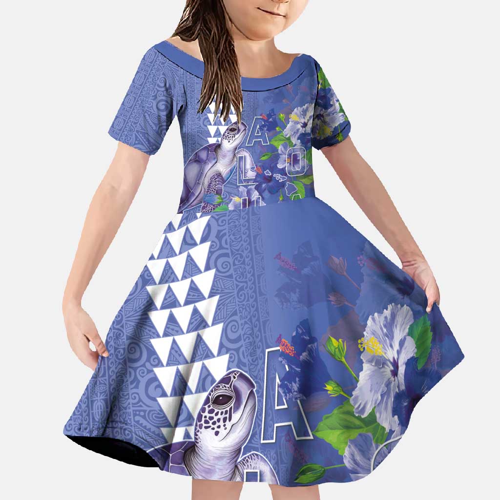 Hawaii Aloha Turtle Hibiscus and Leaves Family Matching Summer Maxi Dress and Hawaiian Shirt with Polynesian and Kakau Tattoos Denim Color - Polynesian Pride