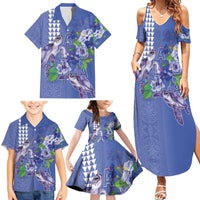 Hawaii Aloha Turtle Hibiscus and Leaves Family Matching Summer Maxi Dress and Hawaiian Shirt with Polynesian and Kakau Tattoos Denim Color - Polynesian Pride