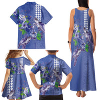 Hawaii Aloha Turtle Hibiscus and Leaves Family Matching Tank Maxi Dress and Hawaiian Shirt with Polynesian and Kakau Tattoos Denim Color - Polynesian Pride