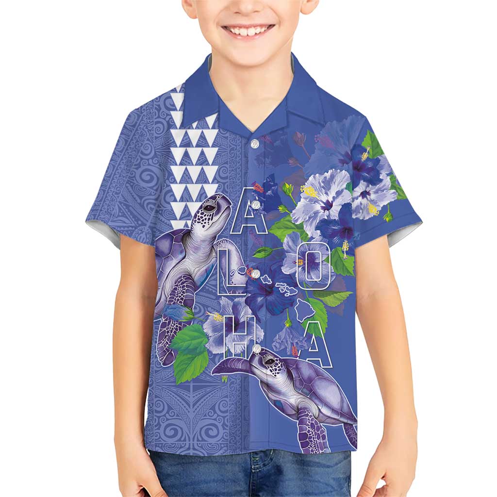 Hawaii Aloha Turtle Hibiscus and Leaves Kid Hawaiian Shirt with Polynesian and Kakau Tattoos Denim Color - Polynesian Pride