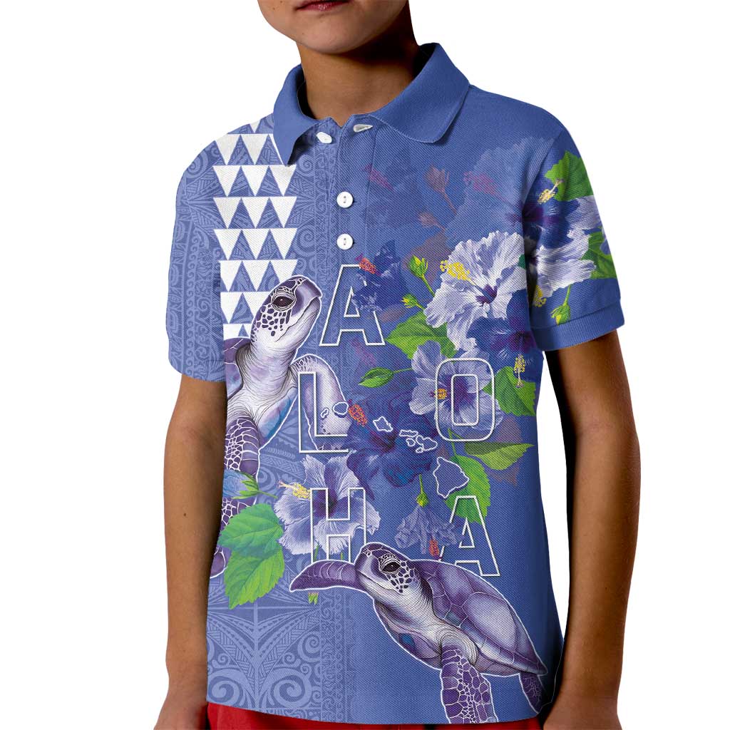 Hawaii Aloha Turtle Hibiscus and Leaves Kid Polo Shirt with Polynesian and Kakau Tattoos Denim Color - Polynesian Pride