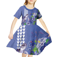 Hawaii Aloha Turtle Hibiscus and Leaves Kid Short Sleeve Dress with Polynesian and Kakau Tattoos Denim Color - Polynesian Pride
