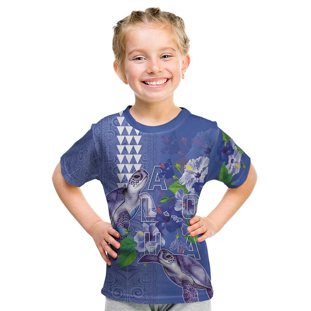 Hawaii Aloha Turtle Hibiscus and Leaves Kid T Shirt with Polynesian and Kakau Tattoos Denim Color - Polynesian Pride