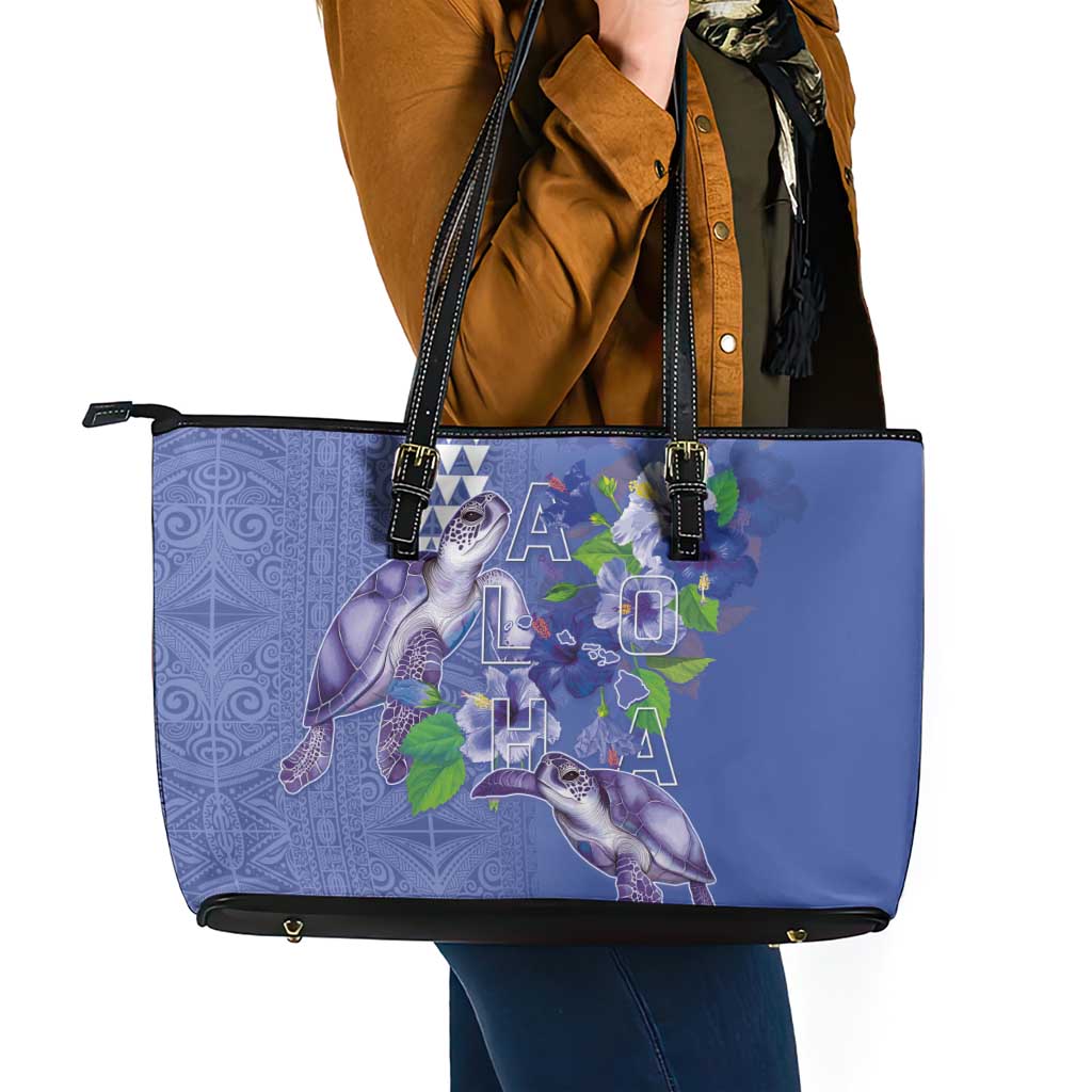 Hawaii Aloha Turtle Hibiscus and Leaves Leather Tote Bag with Polynesian and Kakau Tattoos Denim Color - Polynesian Pride