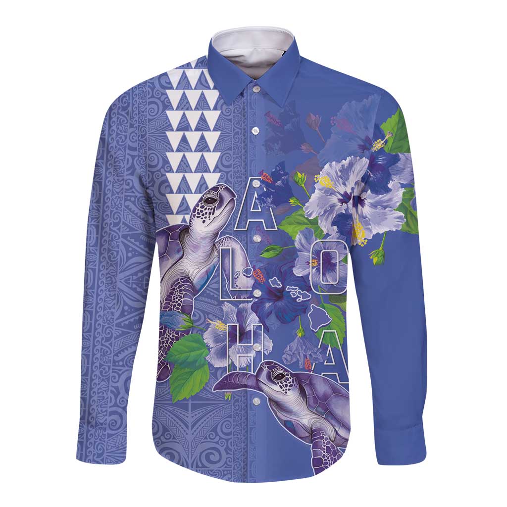 Hawaii Aloha Turtle Hibiscus and Leaves Long Sleeve Button Shirt with Polynesian and Kakau Tattoos Denim Color - Polynesian Pride