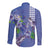 Hawaii Aloha Turtle Hibiscus and Leaves Long Sleeve Button Shirt with Polynesian and Kakau Tattoos Denim Color - Polynesian Pride