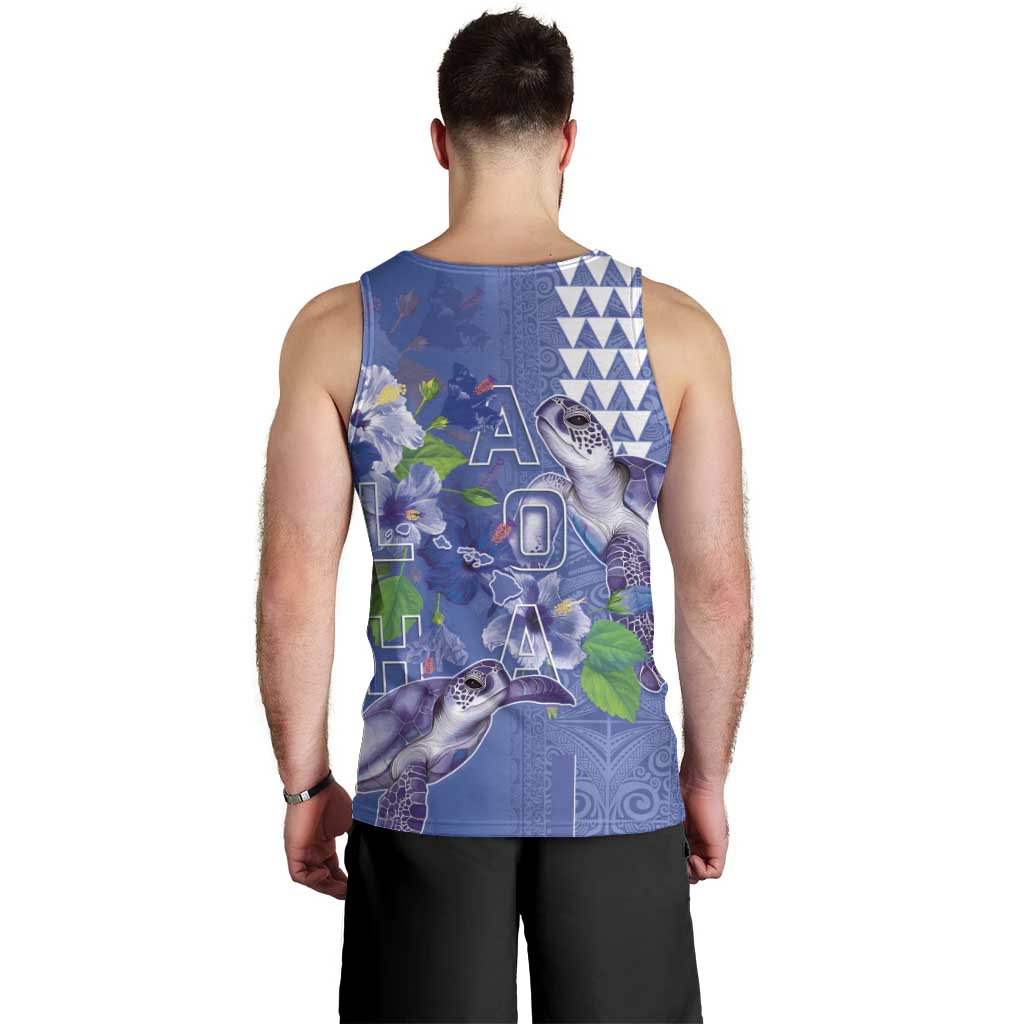 Hawaii Aloha Turtle Hibiscus and Leaves Men Tank Top with Polynesian and Kakau Tattoos Denim Color - Polynesian Pride