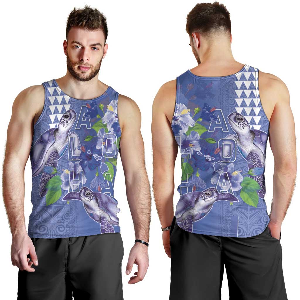 Hawaii Aloha Turtle Hibiscus and Leaves Men Tank Top with Polynesian and Kakau Tattoos Denim Color - Polynesian Pride