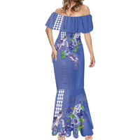 Hawaii Aloha Turtle Hibiscus and Leaves Mermaid Dress with Polynesian and Kakau Tattoos Denim Color - Polynesian Pride