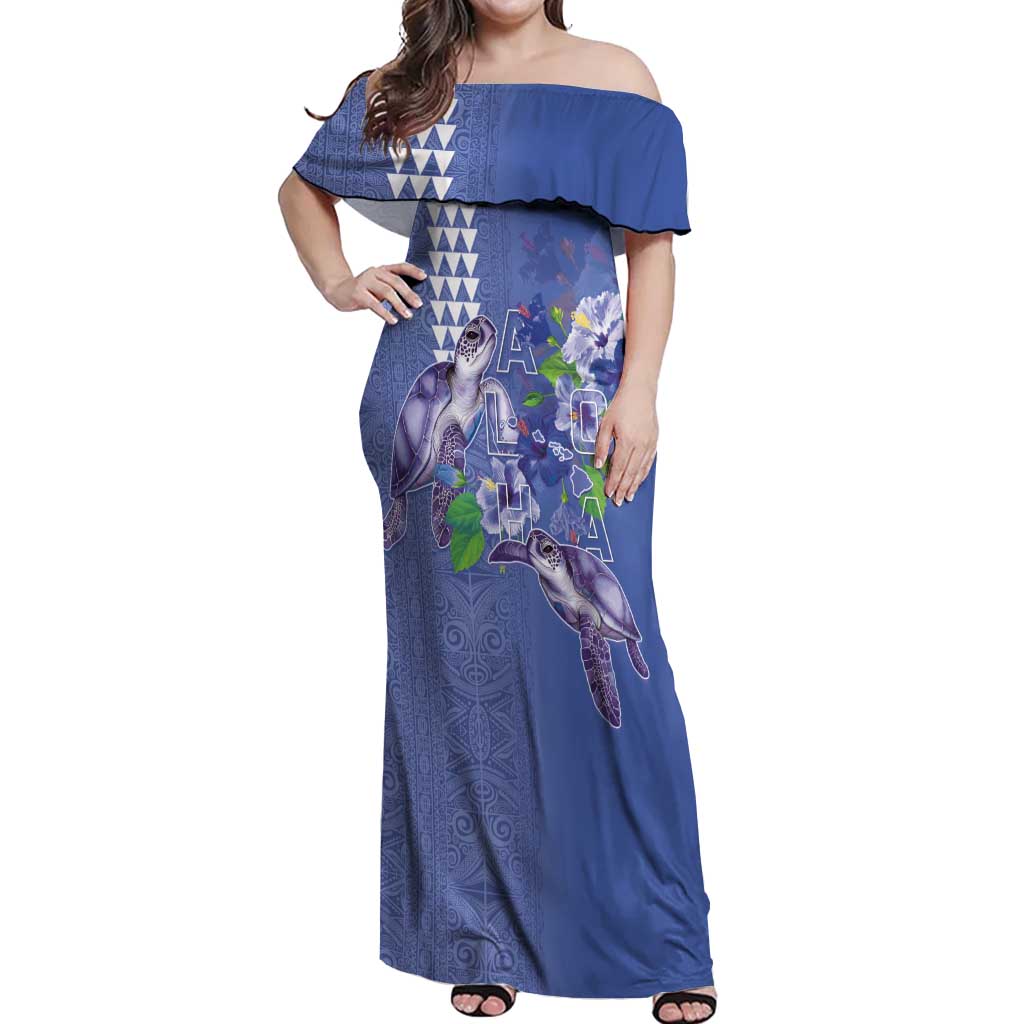 Hawaii Aloha Turtle Hibiscus and Leaves Off Shoulder Maxi Dress with Polynesian and Kakau Tattoos Denim Color - Polynesian Pride