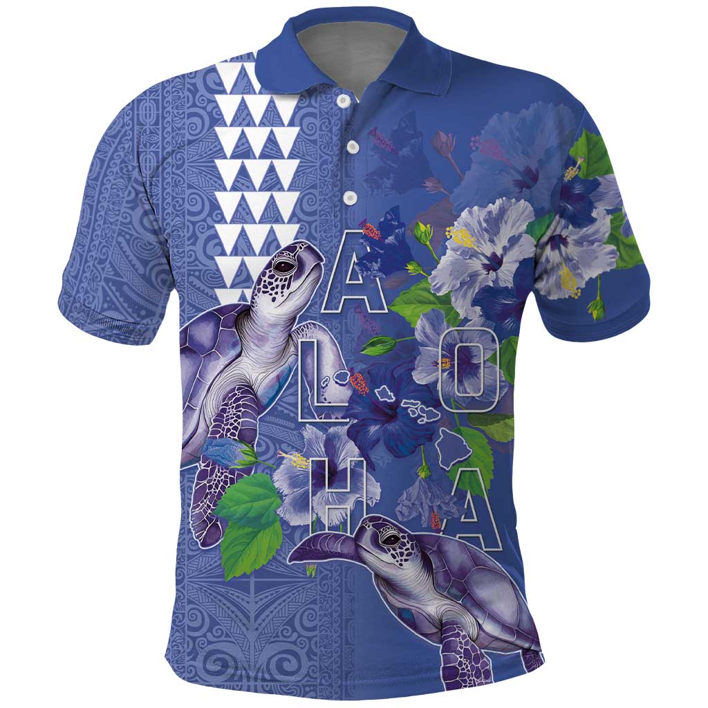 Hawaii Aloha Turtle Hibiscus and Leaves Polo Shirt with Polynesian and Kakau Tattoos Denim Color - Polynesian Pride