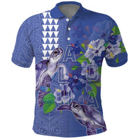Hawaii Aloha Turtle Hibiscus and Leaves Polo Shirt with Polynesian and Kakau Tattoos Denim Color - Polynesian Pride