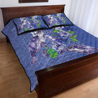 Hawaii Aloha Turtle Hibiscus and Leaves Quilt Bed Set with Polynesian and Kakau Tattoos Denim Color - Polynesian Pride