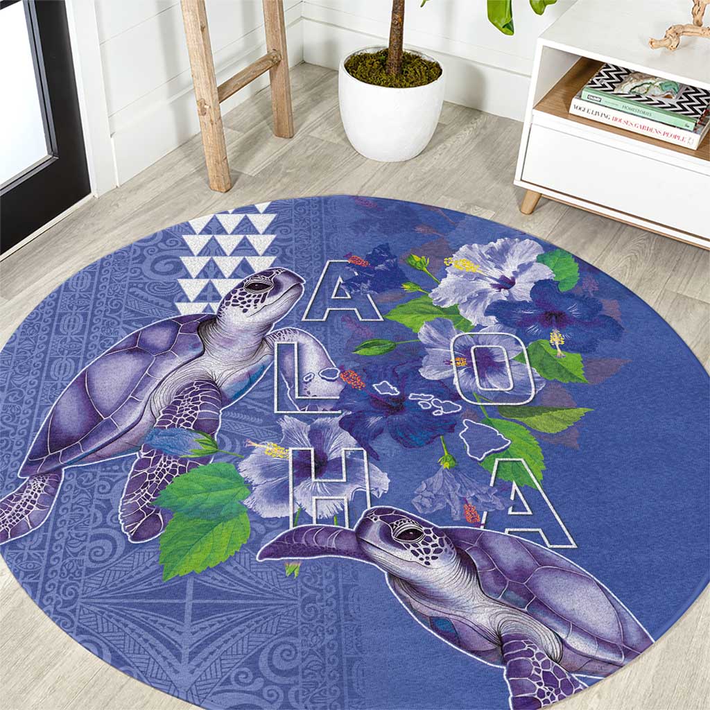 Hawaii Aloha Turtle Hibiscus and Leaves Round Carpet with Polynesian and Kakau Tattoos Denim Color - Polynesian Pride