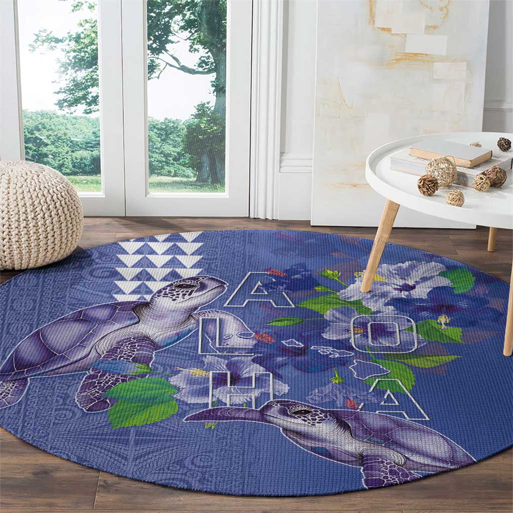 Hawaii Aloha Turtle Hibiscus and Leaves Round Carpet with Polynesian and Kakau Tattoos Denim Color - Polynesian Pride