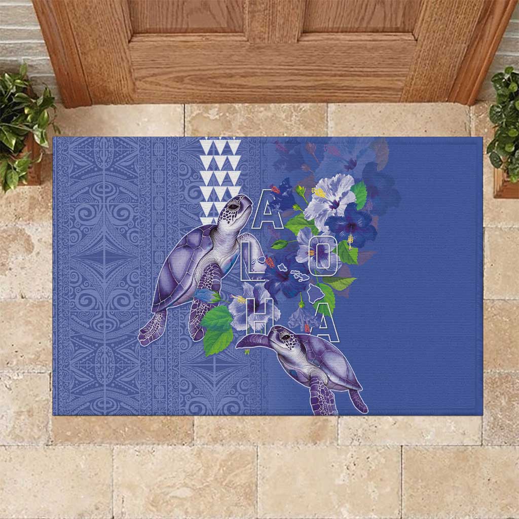 Hawaii Aloha Turtle Hibiscus and Leaves Rubber Doormat with Polynesian and Kakau Tattoos Denim Color - Polynesian Pride