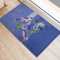 Hawaii Aloha Turtle Hibiscus and Leaves Rubber Doormat with Polynesian and Kakau Tattoos Denim Color - Polynesian Pride