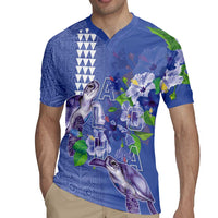 Hawaii Aloha Turtle Hibiscus and Leaves Rugby Jersey with Polynesian and Kakau Tattoos Denim Color - Polynesian Pride