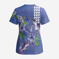 Hawaii Aloha Turtle Hibiscus and Leaves Scrub Top with Polynesian and Kakau Tattoos Denim Color - Polynesian Pride