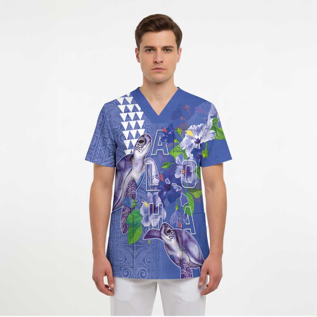 Hawaii Aloha Turtle Hibiscus and Leaves Scrub Top with Polynesian and Kakau Tattoos Denim Color - Polynesian Pride