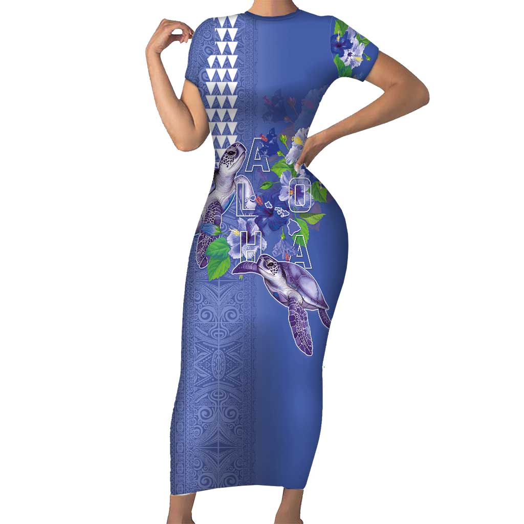 Hawaii Aloha Turtle Hibiscus and Leaves Short Sleeve Bodycon Dress with Polynesian and Kakau Tattoos Denim Color - Polynesian Pride