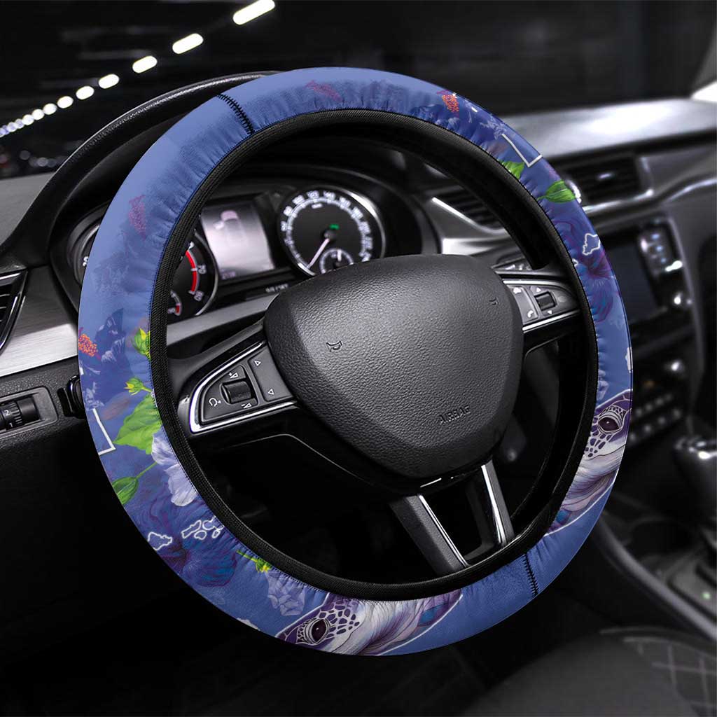 Hawaii Aloha Turtle Hibiscus and Leaves Steering Wheel Cover with Polynesian and Kakau Tattoos Denim Color - Polynesian Pride