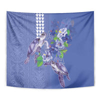 Hawaii Aloha Turtle Hibiscus and Leaves Tapestry with Polynesian and Kakau Tattoos Denim Color - Polynesian Pride