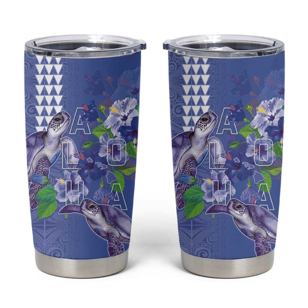 Hawaii Aloha Turtle Hibiscus and Leaves Tumbler Cup with Polynesian and Kakau Tattoos Denim Color - Polynesian Pride