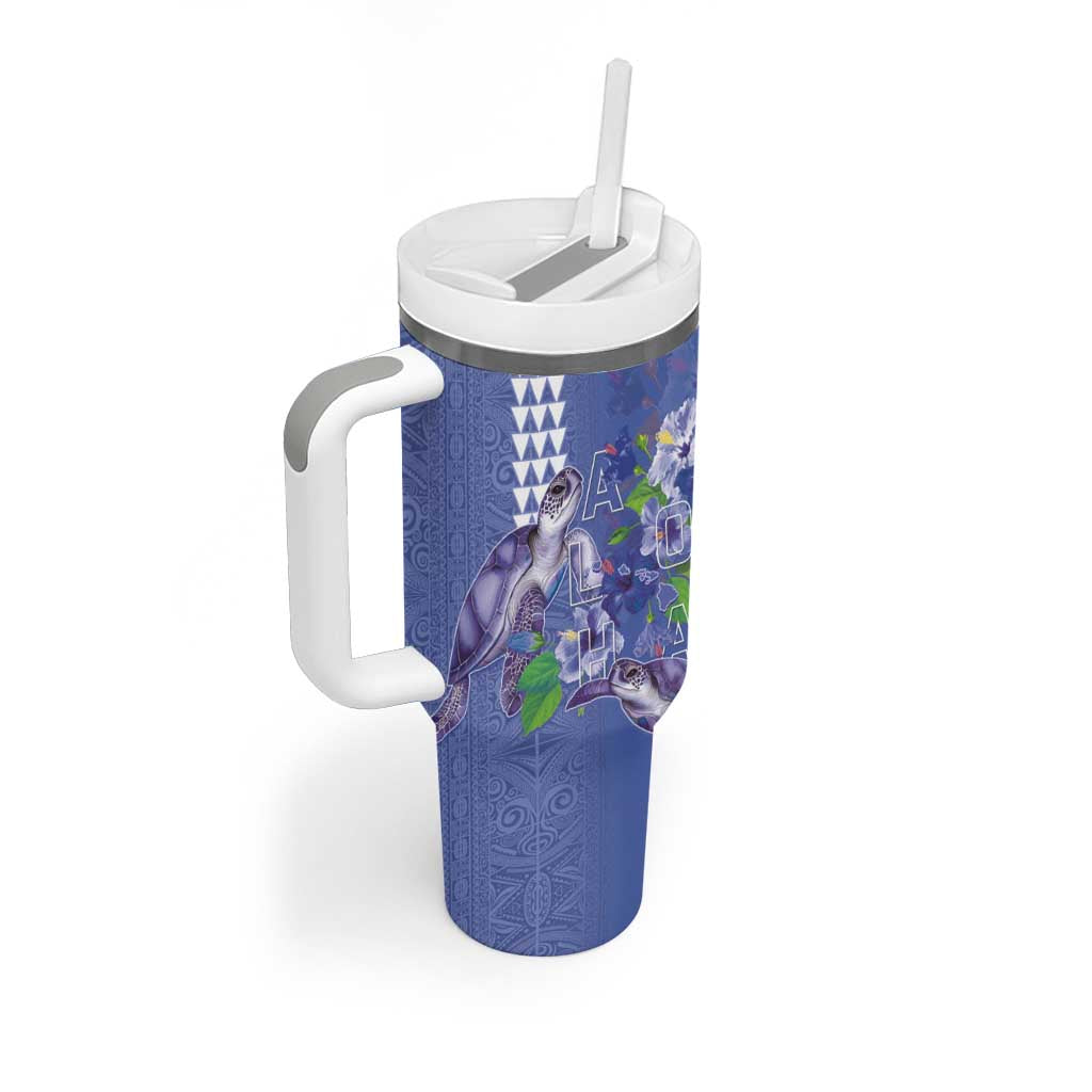 Hawaii Aloha Turtle Hibiscus and Leaves Tumbler With Handle with Polynesian and Kakau Tattoos Denim Color - Polynesian Pride