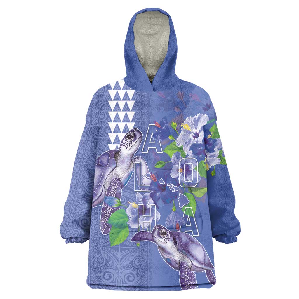 Hawaii Aloha Turtle Hibiscus and Leaves Wearable Blanket Hoodie with Polynesian and Kakau Tattoos Denim Color - Polynesian Pride