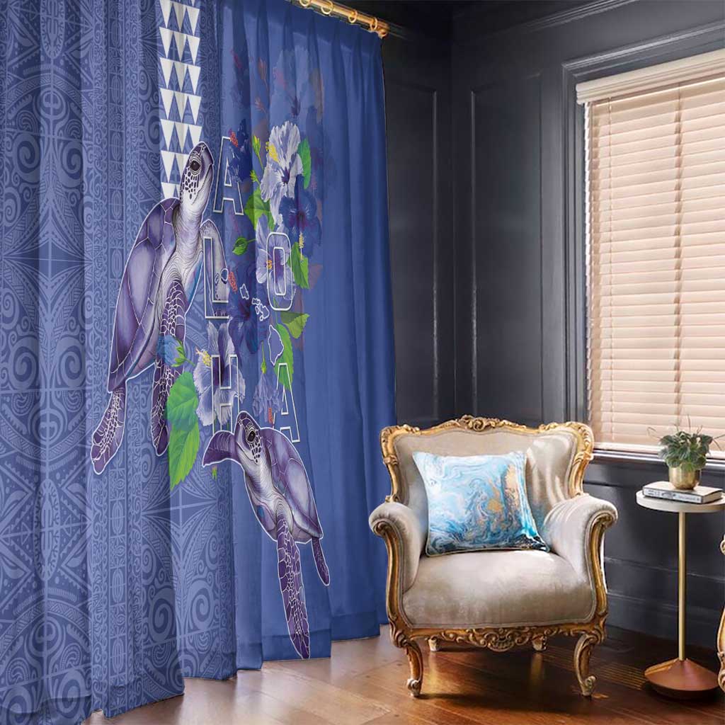 Hawaii Aloha Turtle Hibiscus and Leaves Window Curtain with Polynesian and Kakau Tattoos Denim Color - Polynesian Pride