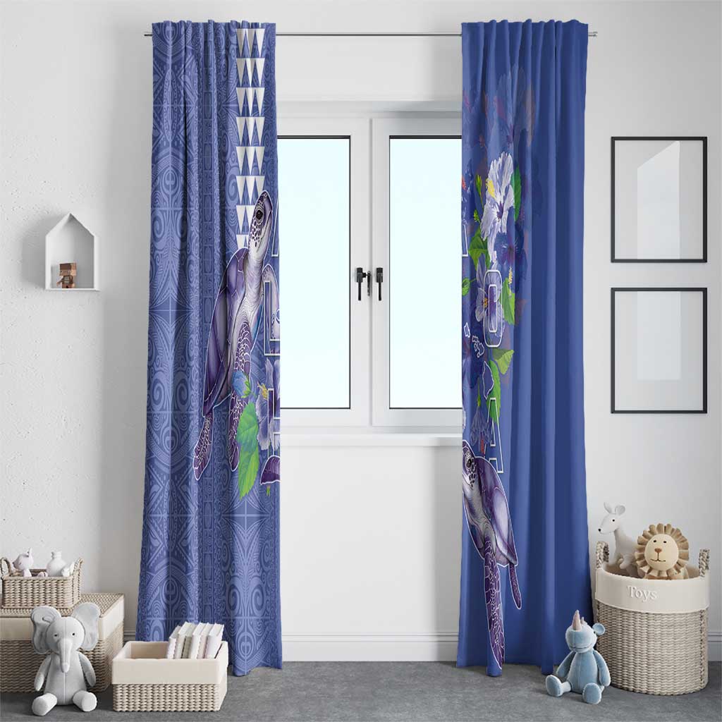 Hawaii Aloha Turtle Hibiscus and Leaves Window Curtain with Polynesian and Kakau Tattoos Denim Color - Polynesian Pride