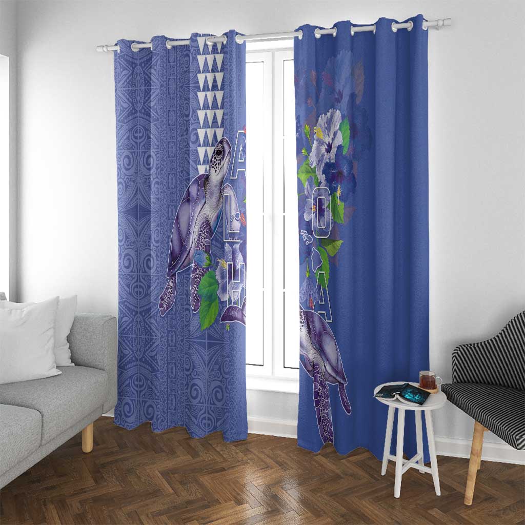 Hawaii Aloha Turtle Hibiscus and Leaves Window Curtain with Polynesian and Kakau Tattoos Denim Color - Polynesian Pride