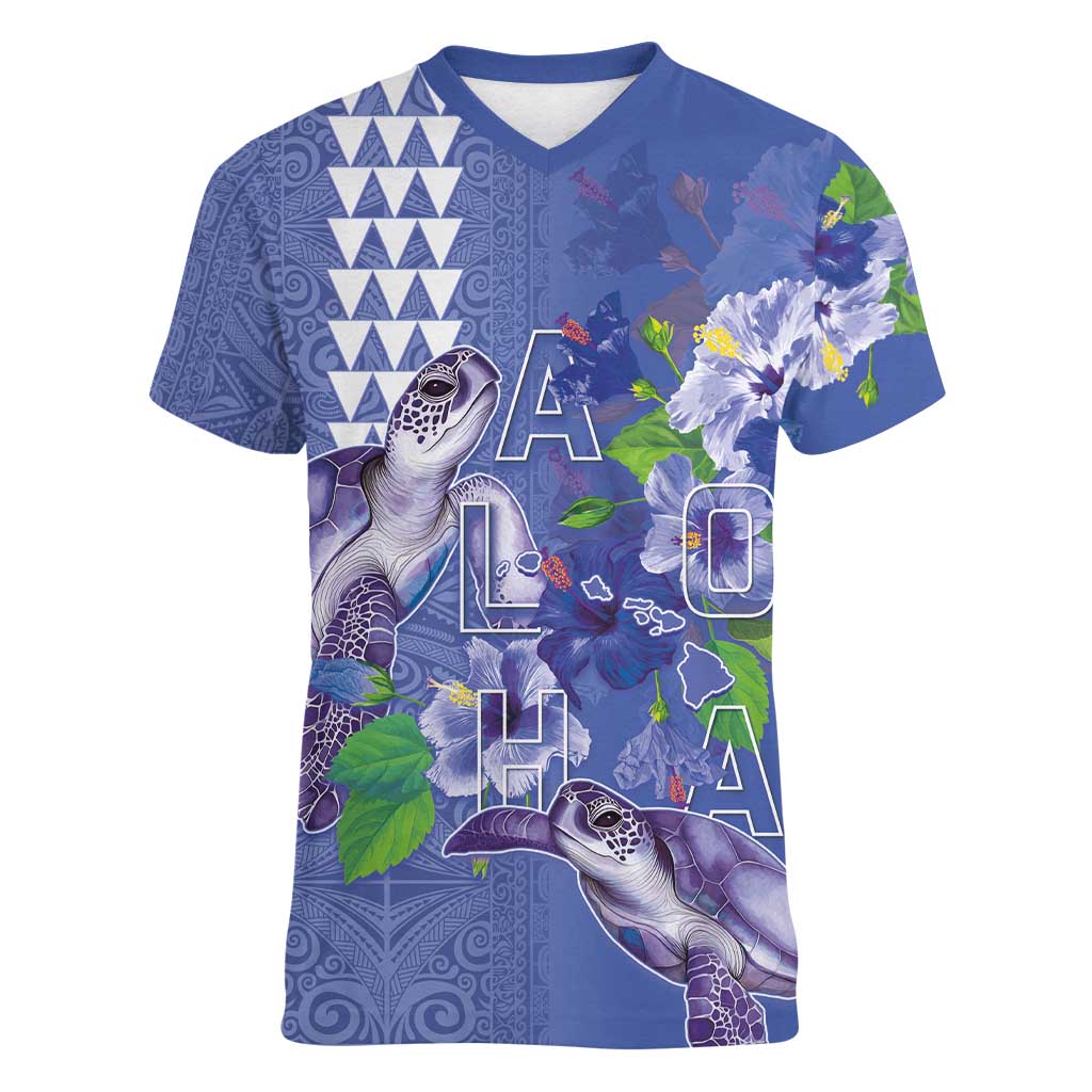 Hawaii Aloha Turtle Hibiscus and Leaves Women V-Neck T-Shirt with Polynesian and Kakau Tattoos Denim Color - Polynesian Pride
