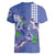 Hawaii Aloha Turtle Hibiscus and Leaves Women V-Neck T-Shirt with Polynesian and Kakau Tattoos Denim Color - Polynesian Pride