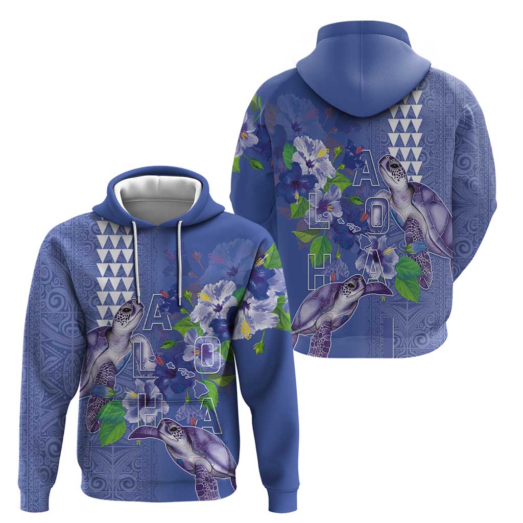 Hawaii Aloha Turtle Hibiscus and Leaves Zip Hoodie with Polynesian and Kakau Tattoos Denim Color - Polynesian Pride