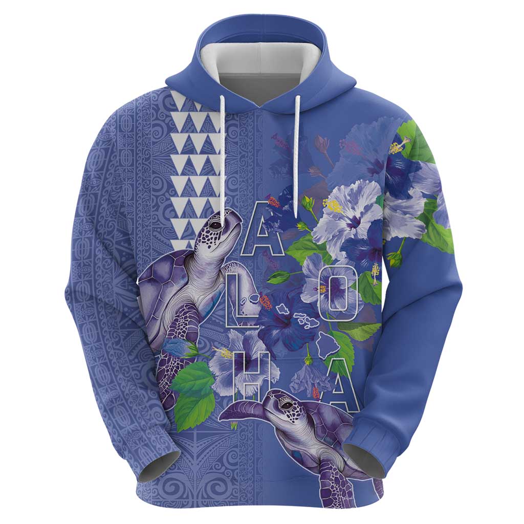 Hawaii Aloha Turtle Hibiscus and Leaves Zip Hoodie with Polynesian and Kakau Tattoos Denim Color - Polynesian Pride