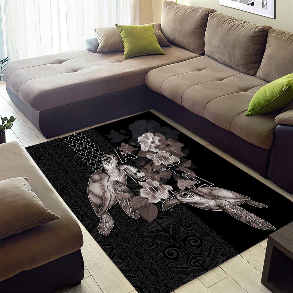 Hawaii Aloha Turtle Hibiscus and Leaves Area Rug with Polynesian and Kakau Tattoos Black Color - Polynesian Pride