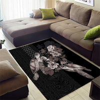 Hawaii Aloha Turtle Hibiscus and Leaves Area Rug with Polynesian and Kakau Tattoos Black Color - Polynesian Pride
